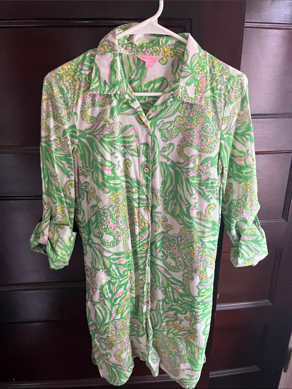 Lilly Pulitzer Green Pink & Yellow Abstract Button Front Top